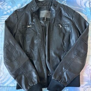 Ci Sono Black Faux Leather Bomber Jacket Ribbed Trim Moto Style Women’s